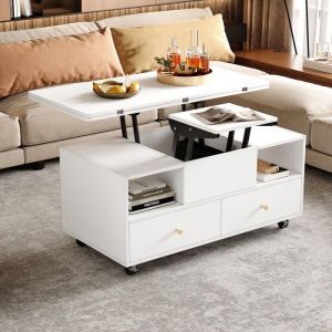 Table basse relevable 100x50-100x47-62cm Table basse extensible salon avec 4 tiroirs 2 compartiments 4 roulettes - blanc