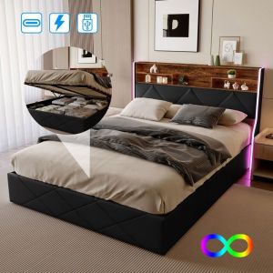 Lit coffre adulte 140 x 190 cm -LUMINARIX -Lit double 140 x 190 cm - PU Noir - &Eacute;clairage LED - Ports USB - 2 places- Lit rembourr&eacute;