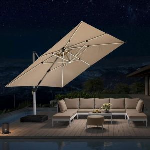 PURPLE LEAF Parasol Déporté 3.65 x 3.65 m Parasol De Jardin avec Éclairage Solaire LED Toit Double Kaki