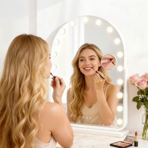 Miroir de Maquillage LED 50x70 cm - Miroir Grossissant 10x - &Eacute;clairage &agrave; 17 LED R&eacute;glable - Base Pivotante 360&deg;- Commande Tactile