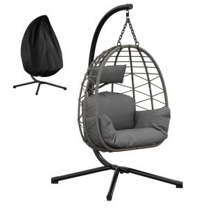 Fauteuil suspendu en rotin - LUNSY - Forme d&oelig;uf - Structure m&eacute;tallique int&eacute;gr&eacute;e - Supporte jusqu&agrave; 150 kg