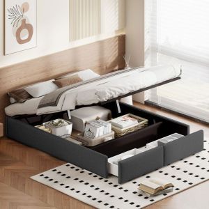 Cadre de lit avec tiroirs 140x200 cm grisLit coffre avec sommierLit adulte avec coffre de rangementLit 2 personnesTissu en lin