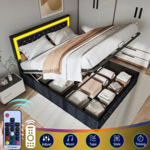 Lit Coffre 160 x 200 CM avec SommierLit deux place avec LEDLit 160 x 200 avec Rangement soust&ecirc;te r&eacute;glablestrassVeloursNoir