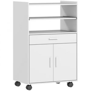 Desserte Billot Blanc 59x40x92cm avec Desserte Double Porte Tiroir &Eacute;tageres et Roulettes pour Rangement Cuisine Moderne