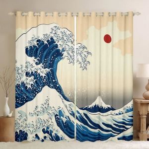 Rideaux de fen&ecirc;tre de style japonais - Motif vagues japonaises - Pour enfants adolescents gar&ccedil;ons 80x160cm