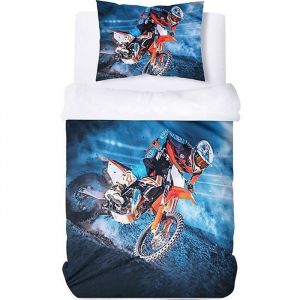 Housse de Couette Moto 140x200 cm pour Enfant avec 1 Taie dOreiller 50x75 cm Parure de Lit Imprimée Sport Extrême Moto
