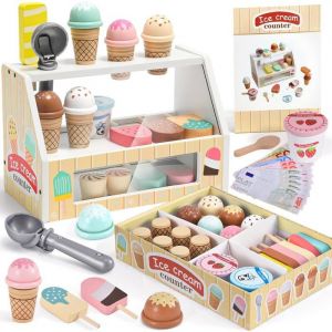 Jouets De Cr&egrave;me Glac&eacute;e En Bois Pour EnfantMarchande Enfants Dinette En Bois Avec Jouets Aliments Argent Pour Jouer Cornets De Gla