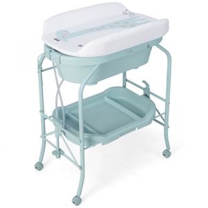 Baignoire Bébé sur Pied Pliable - DREAMADE - Table à Langer - 4 Roues Universelles Verrouillables - Charge 35 KG - 0-12 Mois - Bleu