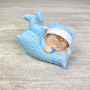 Figurine B&eacute;b&eacute; Gar&ccedil;on - Unique - Coussin Bleu - R&eacute;sine - 76 x 6 cm - Babyshower Bapt&ecirc;me