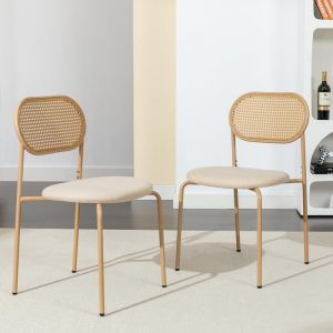 Lot de 2 Chaises de Salle &agrave; Manger Dossier en imitation rotin Chaise de Cuisine pour Salon Pieds en m&eacute;tal