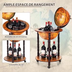 COSTWAY Bar Globe Terrestre Vintage Mappemonde en Bois dEucalyptus avec 3 Roulettes et Style Italien du XVIe Siècle 47 x 47 x 90CM