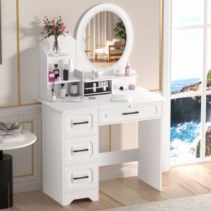 Coiffeuse avec miroir - LED 3 lumières types -5 etagères 4 tiroirs - moderne et unique - miroir rond - 80x40x137cm