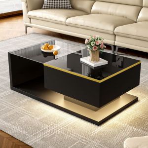 Table basse 90&times;50 cm noir laqu&eacute;/mat avec plateau verre tremp&eacute; et LED 16 couleurs