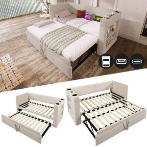 Canapé-lit capitonné 90x200 cm avec lit gigogne accoudoirs avec port de charge USB Type-C et porte-gobelet mélange de lin - beige