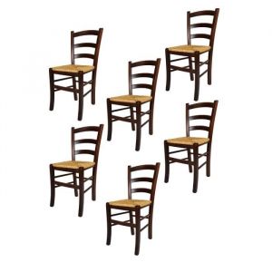 Tommychairs - Set 6 chaises cuisine VENEZIA robuste structure en bois de hêtre peindré en couleur noyer foncé et assise en paille