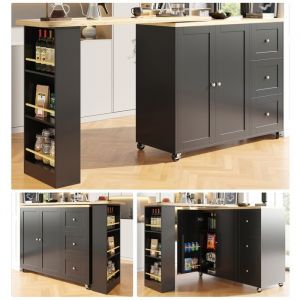Table de bar extensible pivotante 138-209x39x106cm Table debout Table haute avec 3 tiroirs 3 étagères 2 portes et roulettes - Noir
