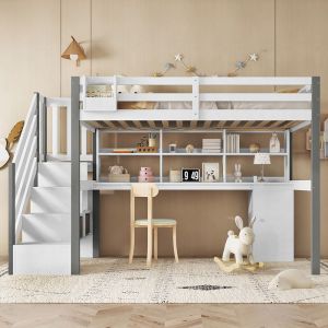 Lit mi-hauteur 90x200 cm pour adolescent avec bureau &eacute;tag&egrave;res et coffre - blanc/gris pin & MDF