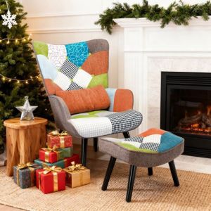 Fauteuil Patchwork Scandinave avec Repose-pieds et Oreiller lombaire Fauteuil de salon Rev&ecirc;tement en Tissu de Lin orange