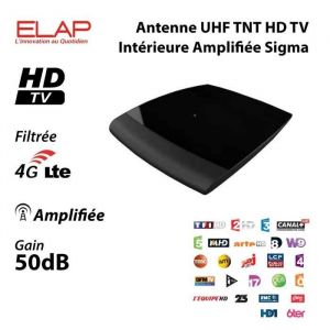 Antenne UHF TNT HD - Elap - Sigma - Amplifiée 50 dB - Design Discret - Cordon TV Inclus