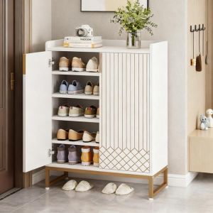 TOPESCT Meuble &agrave; Chaussures 25 Paires 4 Portes avec Cadre en m&eacute;tal dor&eacute; pour Entree Couloir Blanc