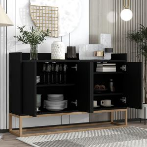 Buffet bas 120x30x80 cm 4 portes moderne en bois et m&eacute;tal dor&eacute; &ndash; Meuble de rangement avec &eacute;tag&egrave;res r&eacute;glables &ndash; Noir &eacute;l&eacute;gant