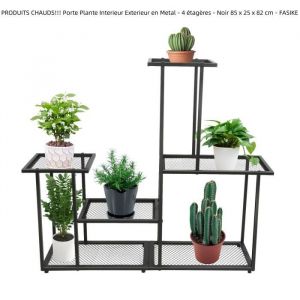 Porte Plante Interieur Exterieur en Metal - 4 étagères - Cadre rectangulaire Noir 85 x 25 x 82 cm - QUIIENCLEE