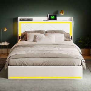 Lit capitonne coffre 160x200cm lit coffre led lit adolescent avec recharge USB et tete de lit cadre de lit 2 personnes blanc