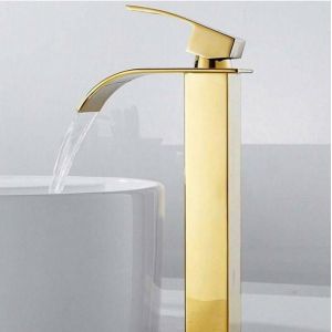 Robinet salle de bain lavabo haut cascade bec pour vasqueMitigeur eau froide et chau moderne carré chromé trou simple (Doré)