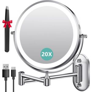 8 Pouces Miroir Grossissant Lumineux Mural x20 Miroir Grossissant Mural avec 3 Modes de Couleur &Eacute;cran Tactile 360&deg;
