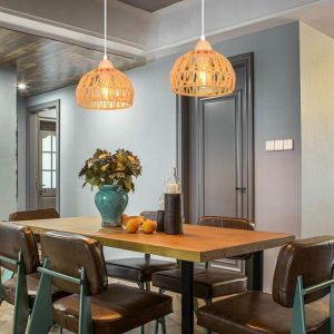 Suspension - SMOTOP - Lot de 2 - Abat-jour rotin et bois &Oslash;20 cm - Culot E27 60W