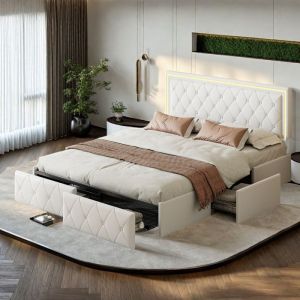 Lit double 160x200 cm avec prise de lumi&egrave;re LED 4 tiroirs en PU doux pour la peau Lit rembourr&eacute; pour adulte denfant Blanc cuir