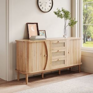 Buffet bas 140&times;40&times;76 cm avec portes coulissantes Buffet salon avec &eacute;tag&egrave;res r&eacute;glables Buffet de cuisine en rotin Naturel
