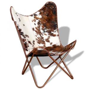 &ldquo;RabaisChaise Canap&eacute; 1 place - JILLES - Fauteuil papillon &agrave; Salon marron et blanc cuir de vache SOLO329464