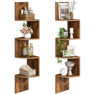 HOOBRO Étagère d’Angle Étagère Murales Lot de 2 Flottante à 4 Niveaux en Zigzag  pour Cuisine Chambre Salon Marron Rustique