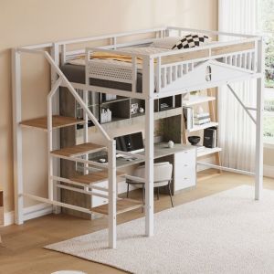 Lit mezzanine adulte 140x200 cm Lit enfant Lit double en m&eacute;tal avec barri&egrave;re de s&eacute;curit&eacute; &eacute;chelle et sommiers &agrave; lattes - blanc