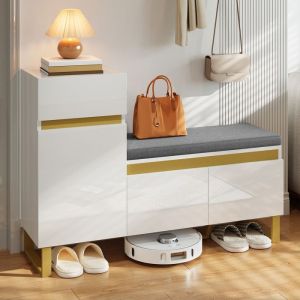 Meuble &agrave; Chaussures - 8 Paires - 3 Portes - Tabouret Rembourr&eacute; - Blanc 120x35x85 cm