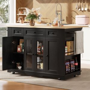 Ilot Central Cuisine avec Rangement et Plan de Travail Meuble Cuisine avec Séparateur Amovible Table de Bar en Verre Trempé Noir