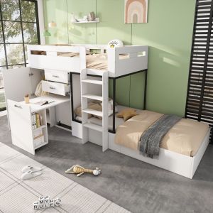 Lit Superpos&eacute; enfant 90x200 cm - Lit avec Bureau Escamotable et Armoire - MDF et Panneaux Stratifi&eacute;s - Sans Matelas - Blanc
