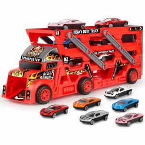 Camion Transporteur de Voitures avec 6 Mini Voitures en Métal Camion pour Enfant Garçons Filles (Rouge)