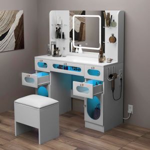 YITAHOME Grande Coiffeuse avec Miroir LED et Prises 3 Couleurs Luminosité Réglable  Bureau Coiffeuse avec Tabouret Blanche