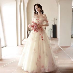 ECELEN Robe de Soirée en Tulle avec Fleurs 3D–Robe Blanche à Manches Volantes et Décolleté en V pour Mariage ou Cérémonie
