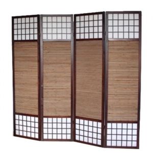 Paravent en bois brun avec bambou Spécial taille 2 m de 4 pans - Longueur 172 x Hauteur 200 cm