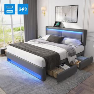 Lit 140x190 cm avec 4 tiroirs Lit adulte 140x190 cm avec LED - Ports de recharge (filaire & sans fil) - Tissu en similicuir - Gris