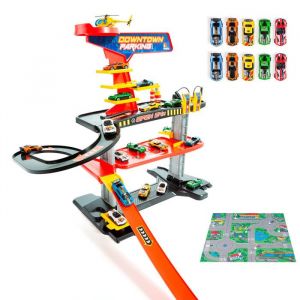 Molto Garage de Jouet Downtown 3 Étages + 10 voitures et Tapis de Jeu. Garage avec Station-Service et rampes. Jouet pour enfants