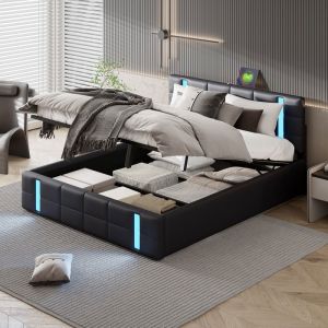 Lit Coffre Rembourré en Simili Cuir Noir 160 × 200 cm avec Ports USB et Type-C LED Lit Double Adulte avec Sommier Rangement