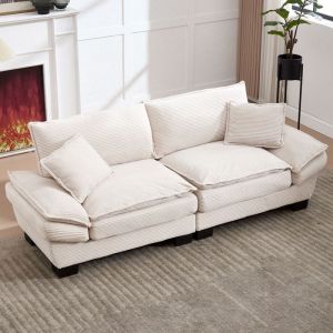 Grand Canapé 3 Places en Velours Beige avec accoudoirs2 oreillersCanapé clic clacCanapé Modernepieds en plastique224×81×81cm