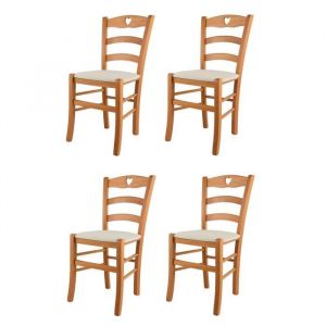Tommychairs - Set 4 Chaises cuisine CUORE structure en bois de h&ecirc;tre peindr&eacute; miel assise en tissu couleur ivoire