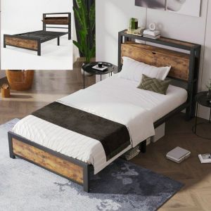 Lit coffre adulte 90x200 cm tête de lit rangement et sommier à lattes en métal - en Métal +MDF - Style industriel - Noir