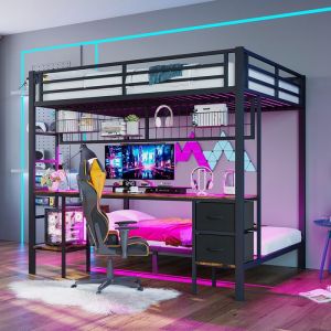 Lit Superposes 90x200 cm et 140x200 cm Fer avec tiroirs avec bureau bande LED 7 couleurs port USB Noir