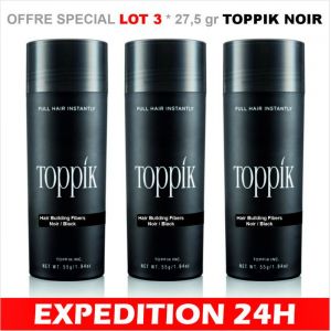 OFFRE SPECIAL LOT 3*27,5 gr TOPPIK Poudre densifiante TOPPIK perte cheveux calvitie soins capillaire 27,5GR keratine Couleur NOIR